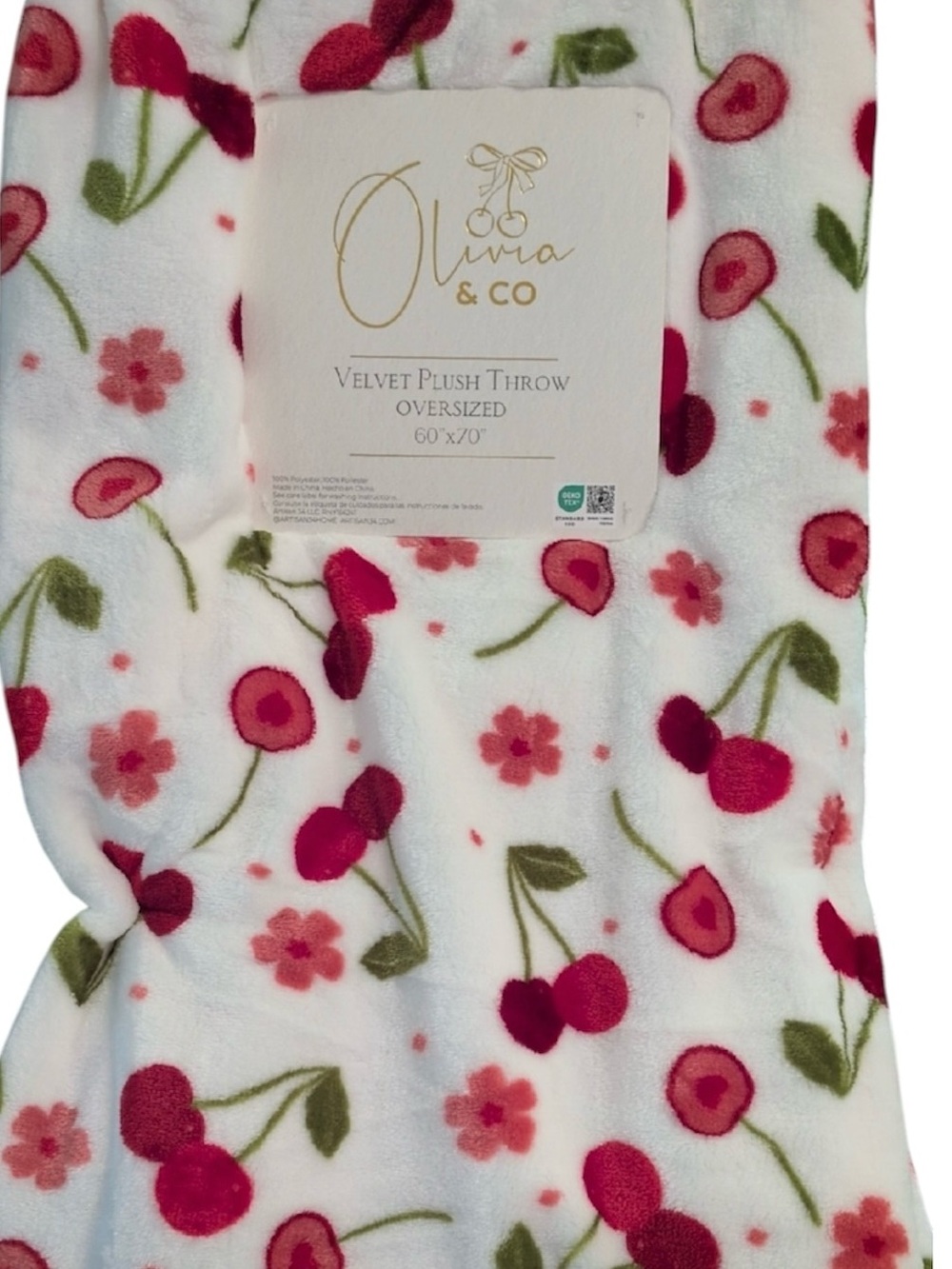 Olivia & Co Velvet Plush Throw - White with Pink & Green Cherry Floral Print NEW